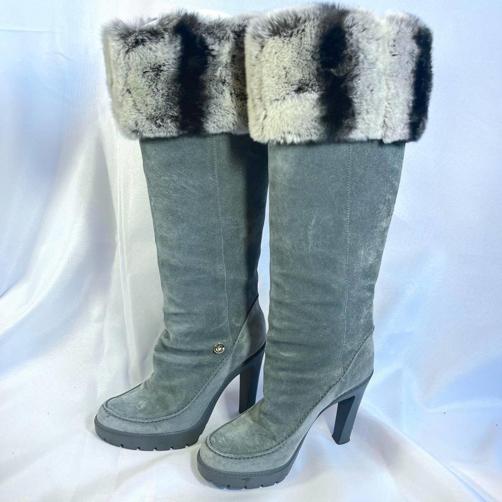 Vintage Christian Dior Blue Leather and Fur Knee High Boots w Rabbit Fur 35 1/2